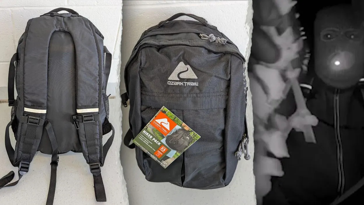 A black 25-liter Ozark Trail backpack worn by suspect